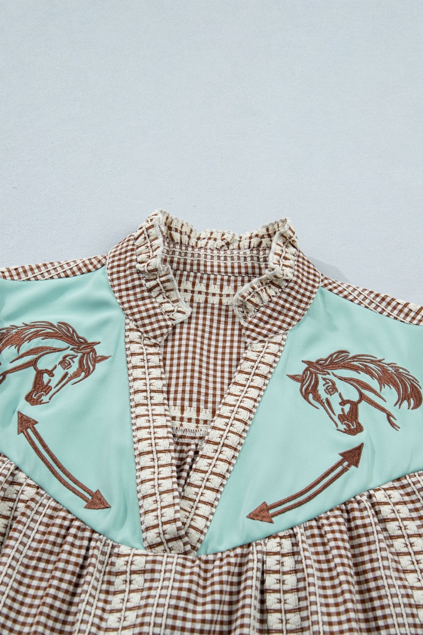 Brown Western Pony Embroidered Yoke Puff Sleeve Gingham Blouse - Loving It Shop