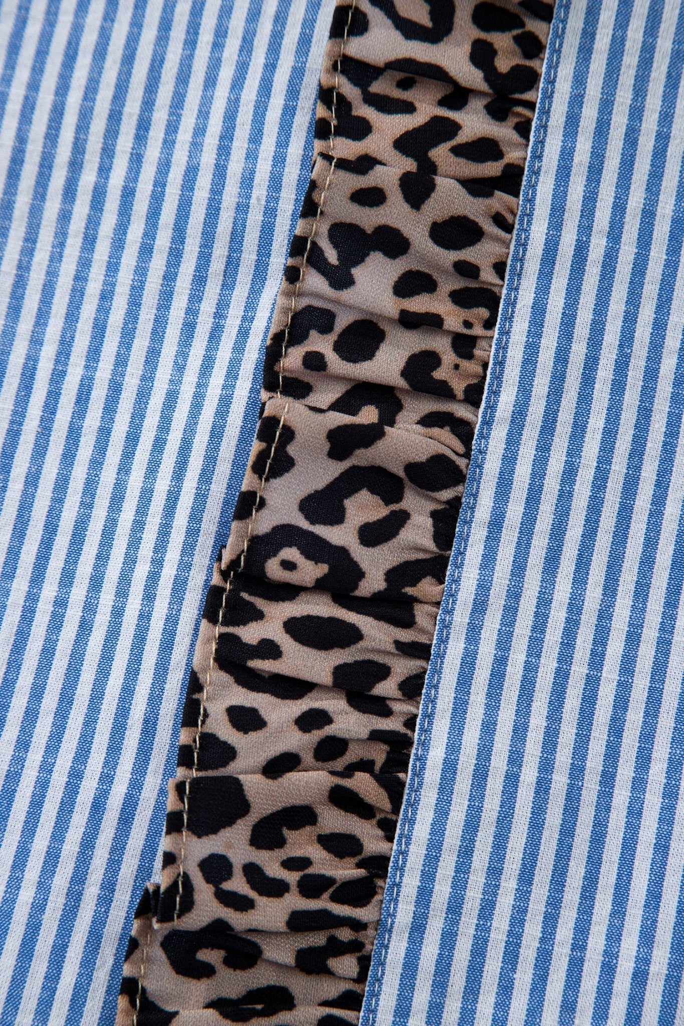 Sky Blue Stripe Contrast Frilled Leopard Trim Casual Long Sleeve Shirt - Loving It Shop