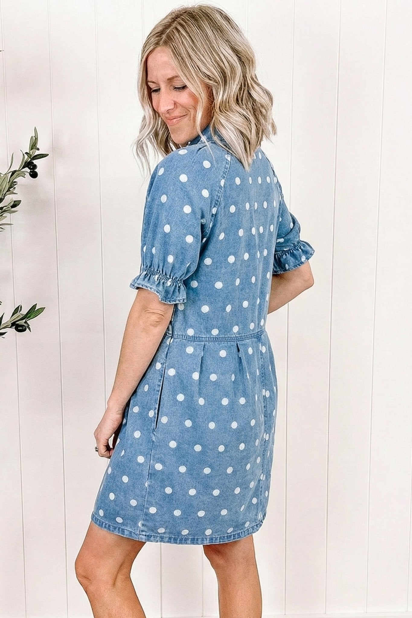 Sky Blue Polka Dot Print Ruffled Short Puff Sleeve Button Down Loose Denim Dress - Loving It Shop
