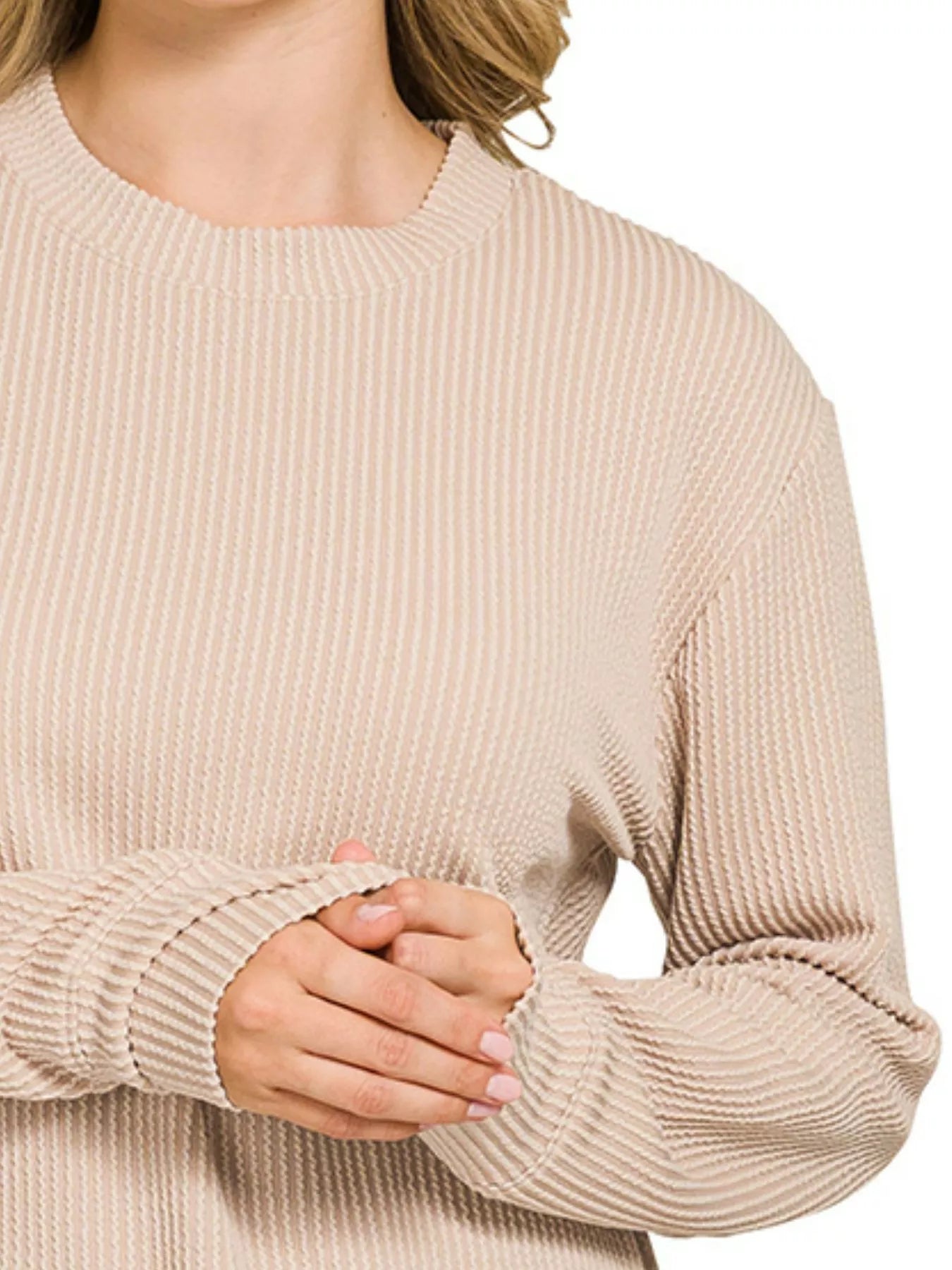 Full Size Raised Rib Round Neck Long Sleeve Top Plus Size