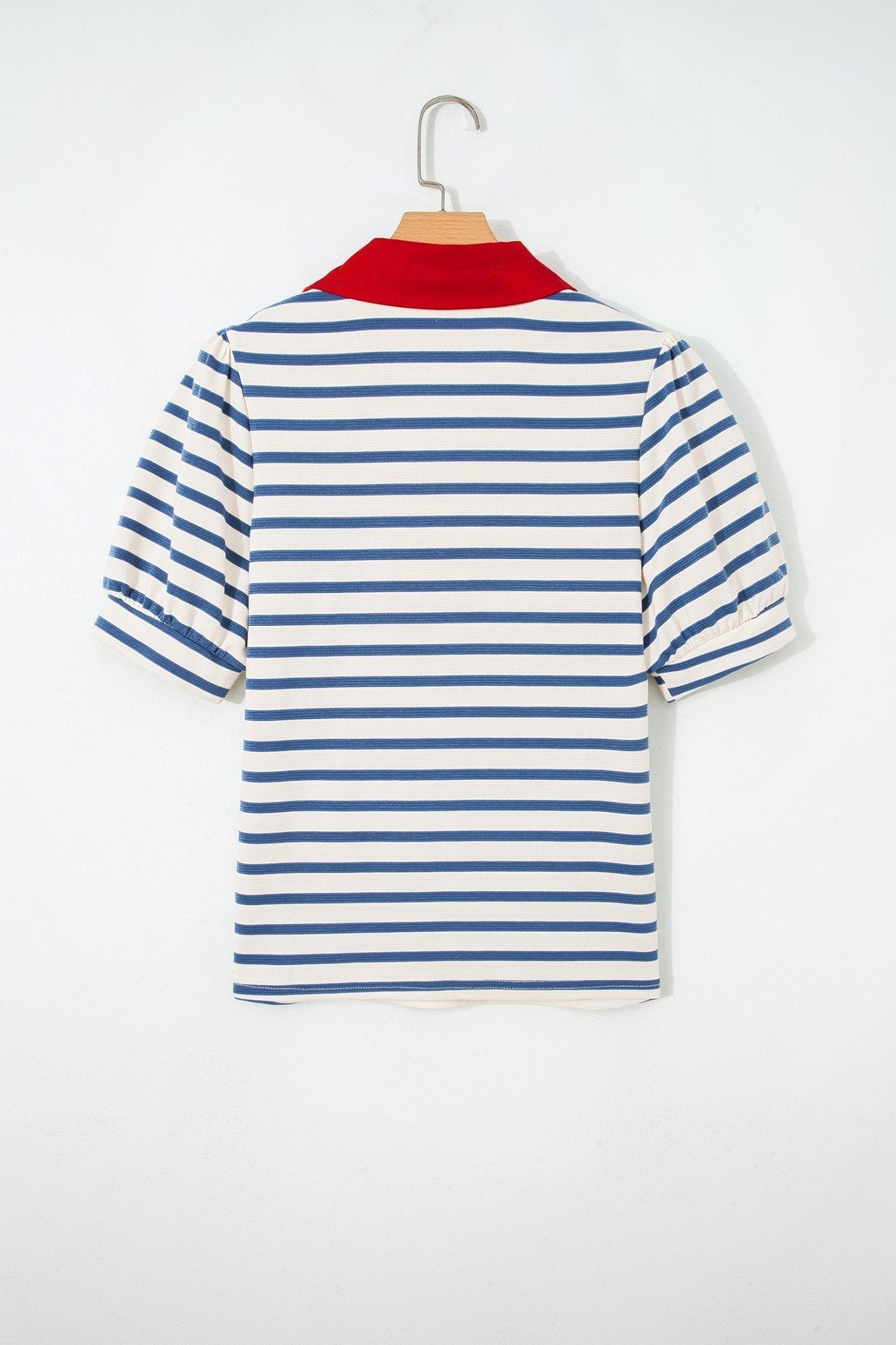 Blue Stripe Short Puff Sleeve Color Block Polo Collar Blouse - Loving It Shop