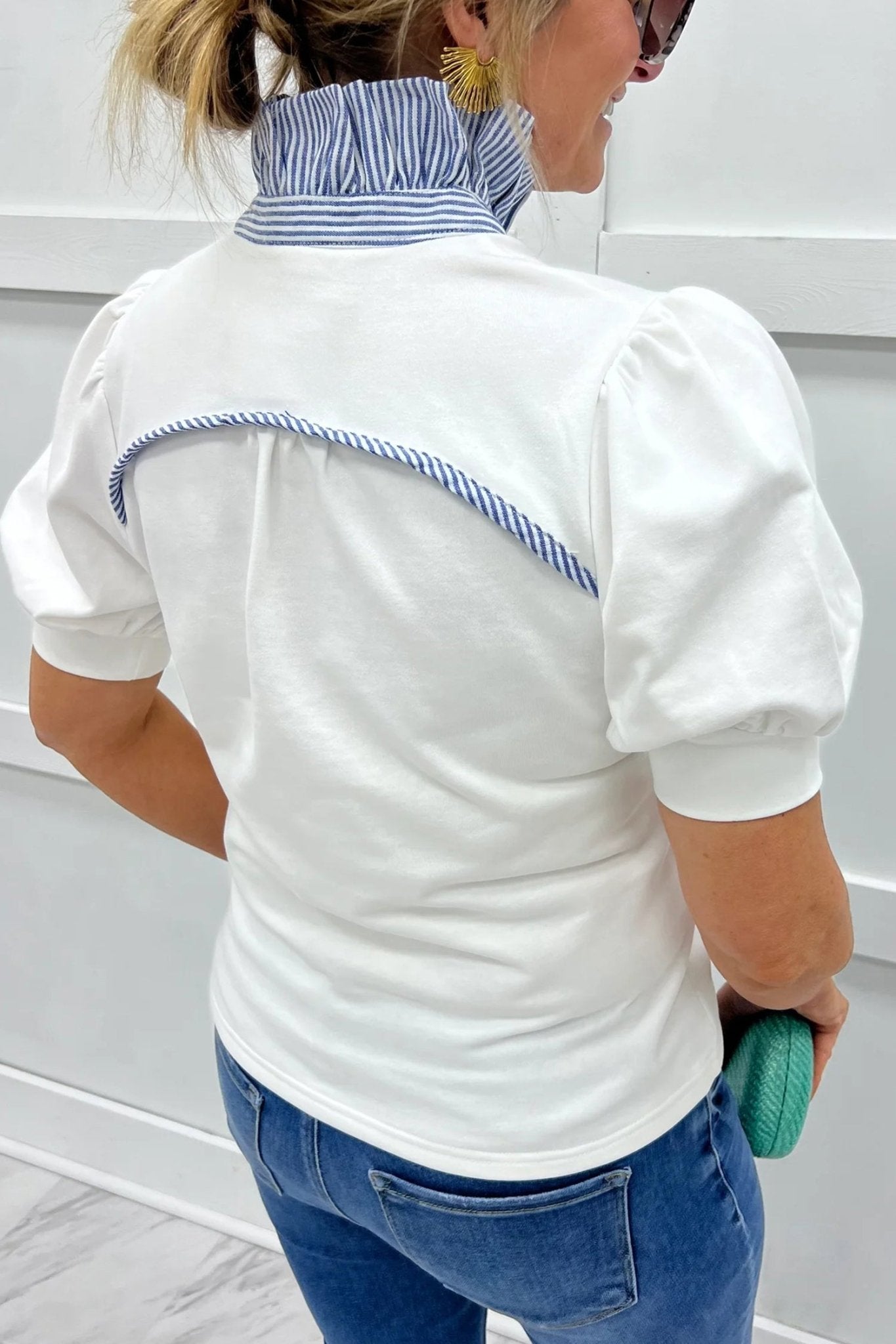 White Striped Frilled Collar Short Sleeve Blouse - Loving It Shop