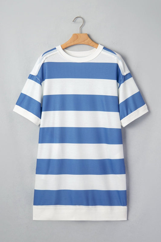 Blue Stripe Raw Seam Shoulder Detail Casual Tee Dress - Loving It Shop