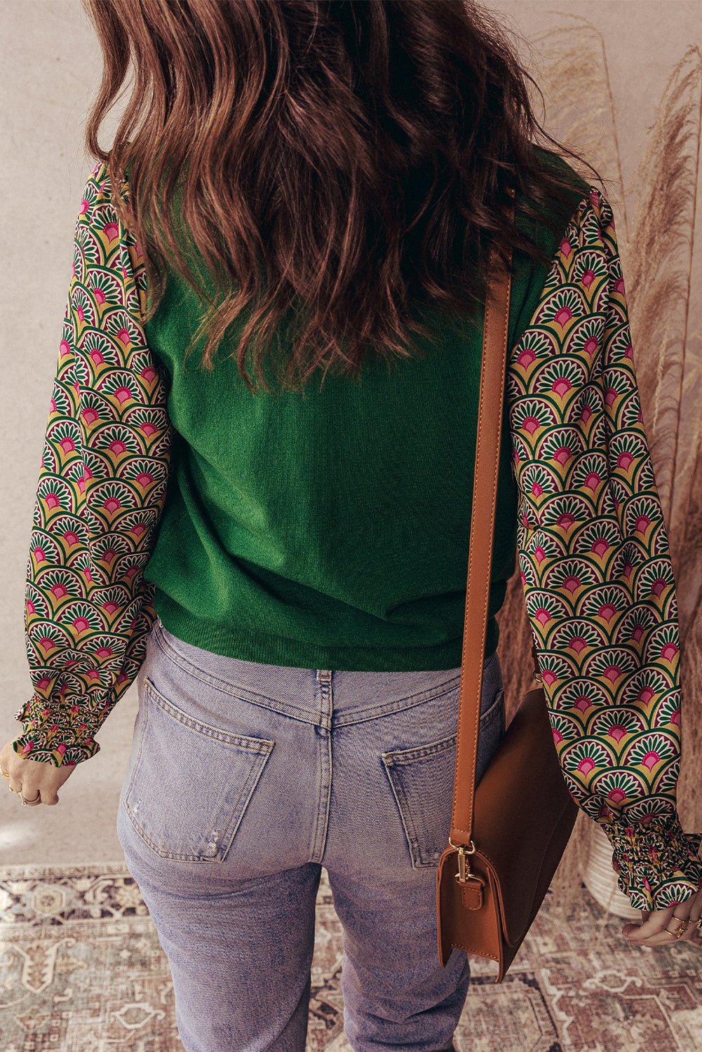 Blackish Green Floral Patchwork Shirred Cuff Puff Sleeve Sweater - Loving It Shop