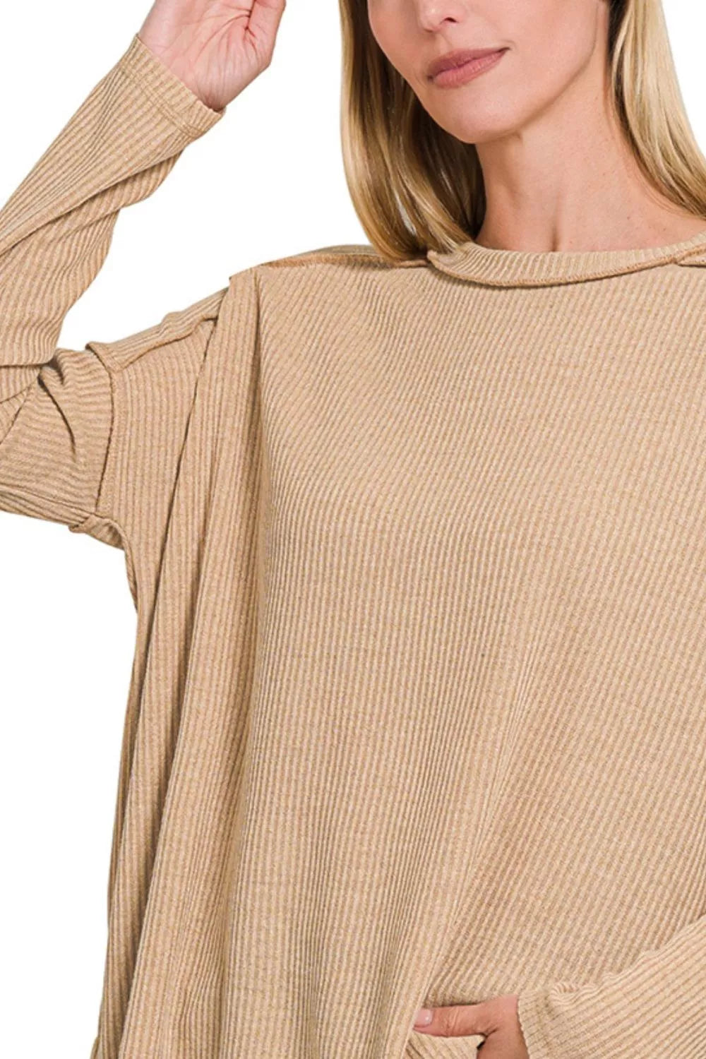 Ribbed Drop Shoulder Round Neck Sweater