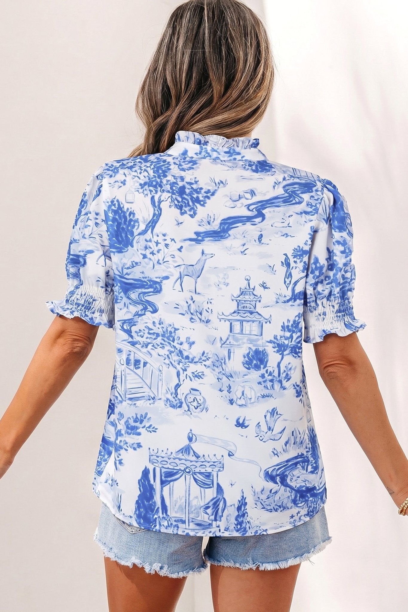 Blue Wild Animal Paradise Striped Detail V Neck Blouse - Loving It Shop