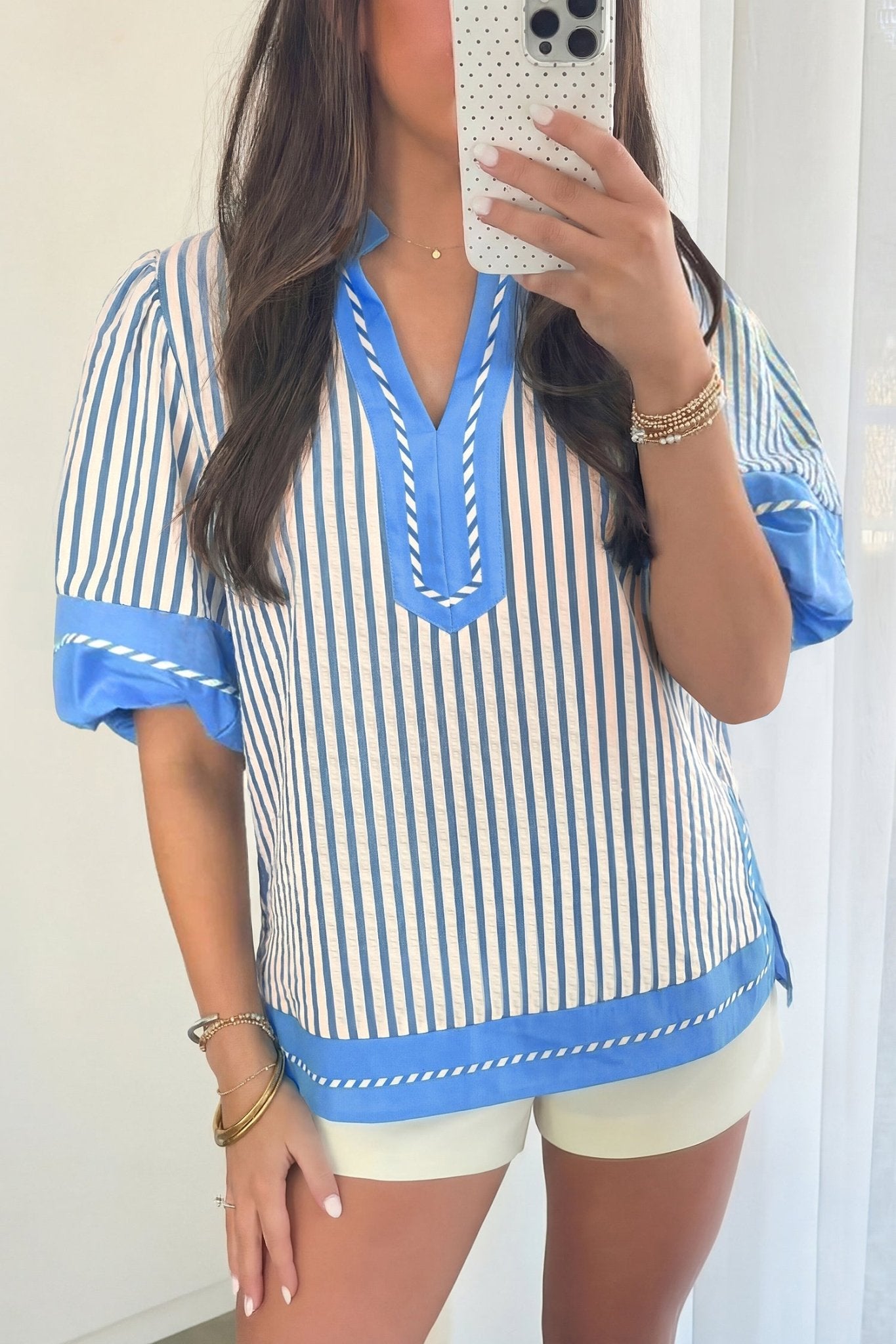 Sky Blue Stripe Color Block Detail V Neck Short Sleeve Blouse - Loving It Shop