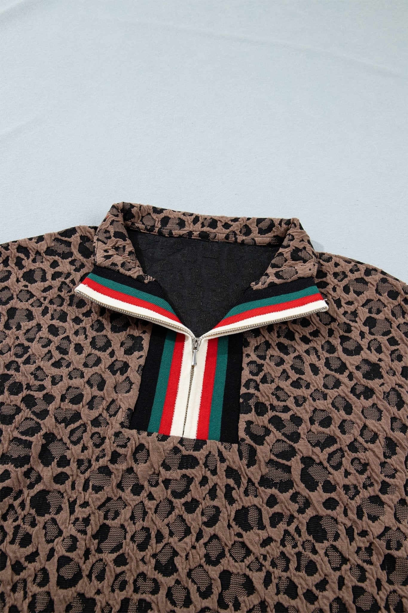 Brown Leopard Jacquard Striped Patchwork Half Zip Short Sleeve Blouse - Loving It Shop