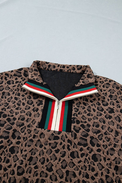 Brown Leopard Jacquard Striped Patchwork Half Zip Short Sleeve Blouse - Loving It Shop