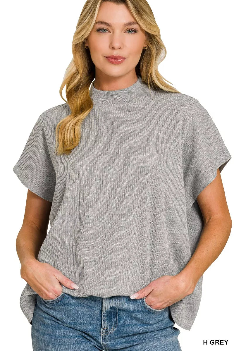 Viscose Mock Neck Short Sleeve Boxy Sweater