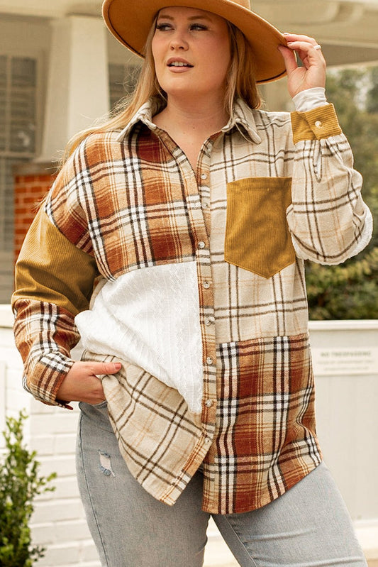 Golden Apricot Plus Size Plaid Patchwork Button up Shacket - Loving It Shop