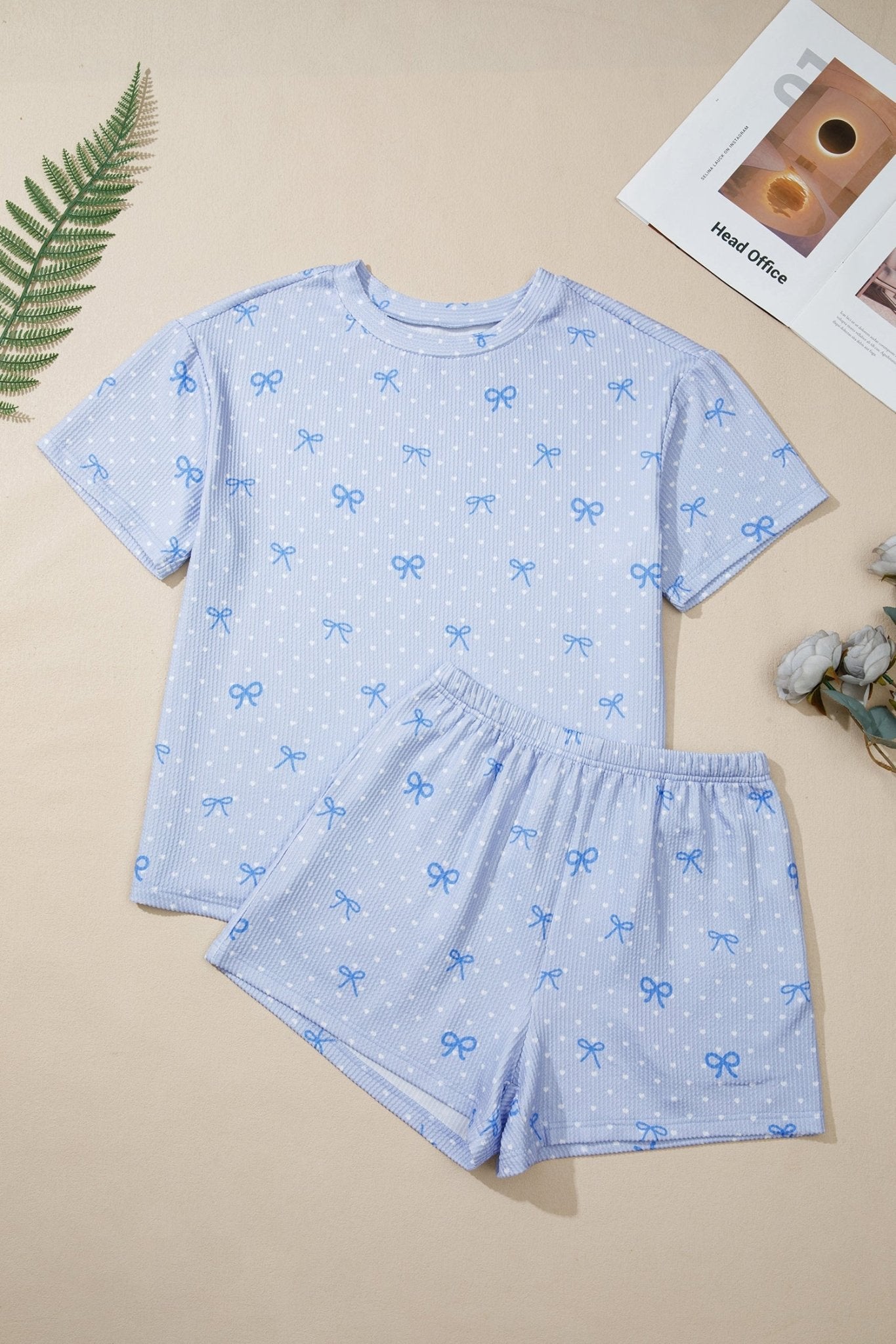 Sky Blue Tiny Heart Bow Print Twisted Rib Loose 2pcs Short Set - Loving It Shop