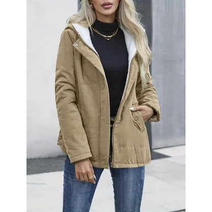 Fleece-lined Hooded Coat Winter Preppy Style Long Sleeve Jacket Warm Pockets Cotton Coat Women&