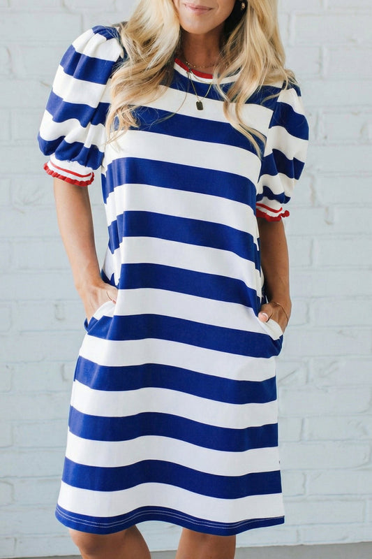 Blue Stripe Contrast Trim Round Neck Short Puff Sleeve Shift Mini Dress - Loving It Shop