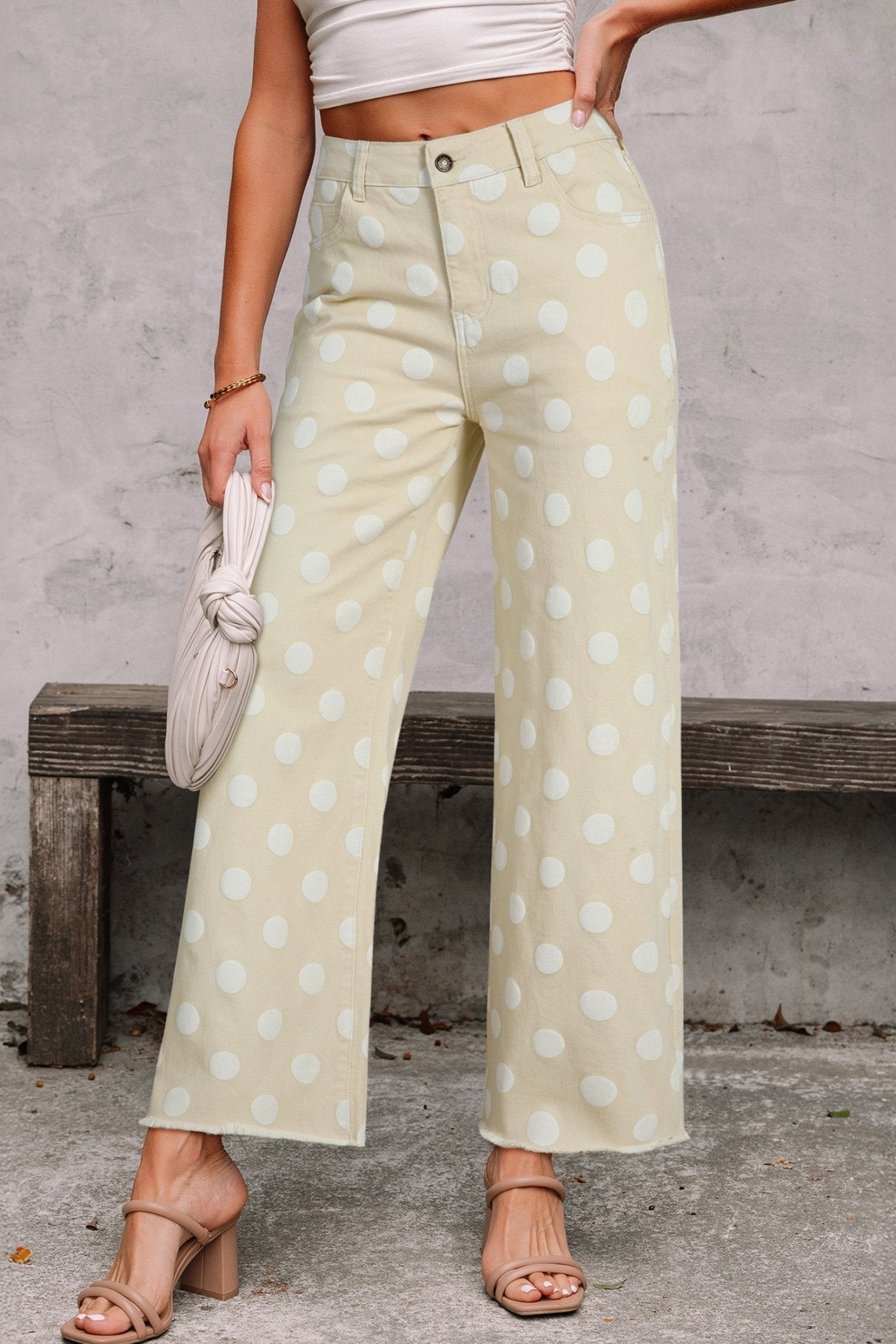 Khaki Polka Dot Print Raw Hem Shift Jeans - Loving It Shop