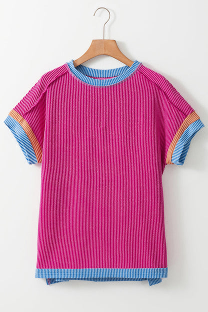 Bright Pink Textured Contrast Trim Round Neck T Shirt