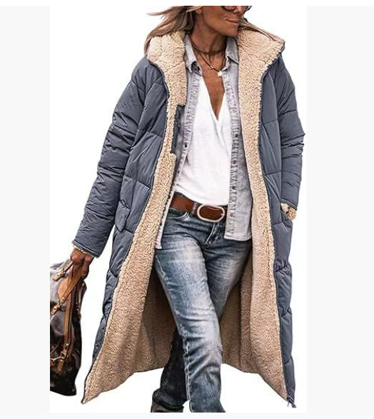 Solid Color Hooded Long Coat Winter Long Sleeve Double-sided Wear Slim Elegant Cardigan Jacket Top Women&