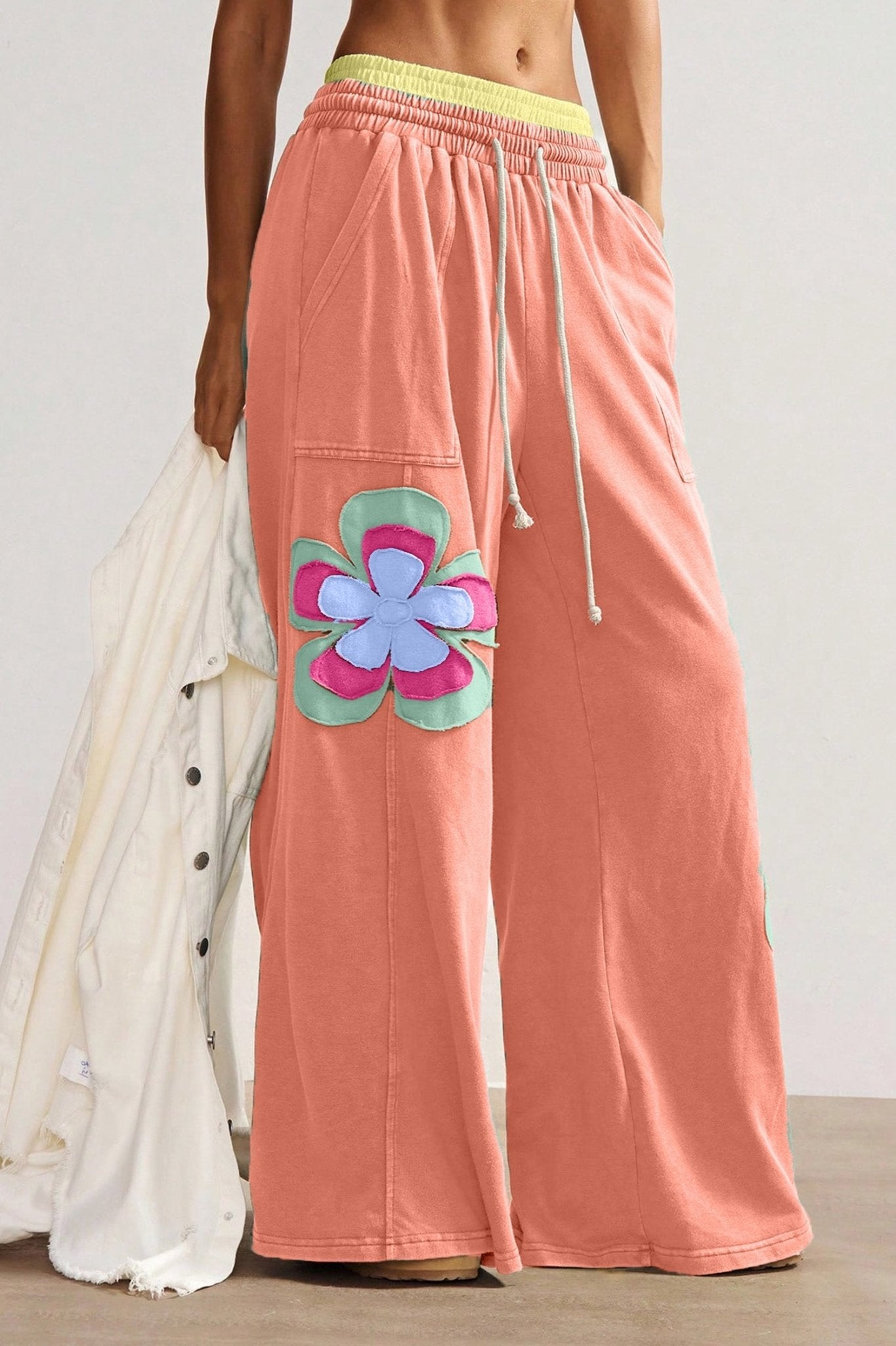 Grapefruit Orange Color Block Flower Patchwork Drawstring Contrasted Elastic Waist Wide Leg Pants - Loving It Shop