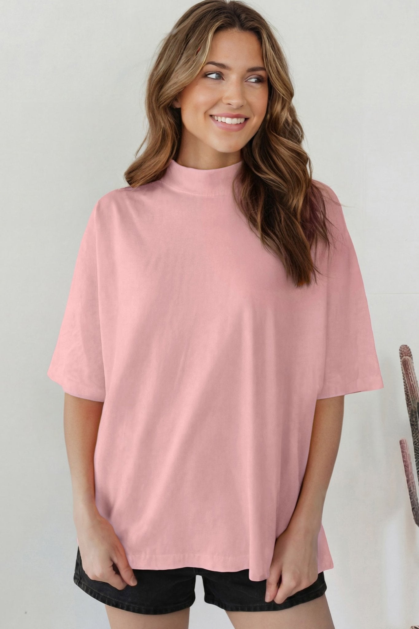 Pink Solid Color High Neck Oversize Tee - Loving It Shop