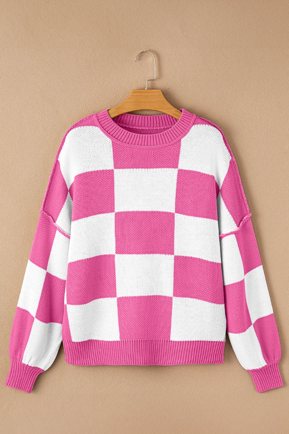 Rose Checkered Bishop Sleeve Sweater - Loving It Shop