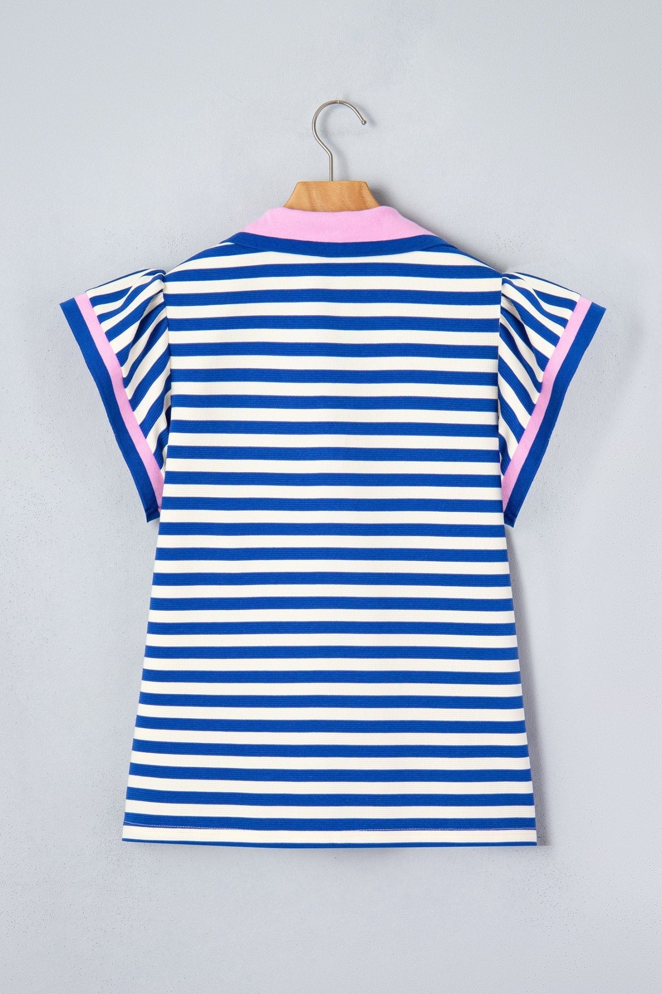 Blue Stripe Contrast Trim Polo Collar Ruffled Short Sleeve Blouse - Loving It Shop