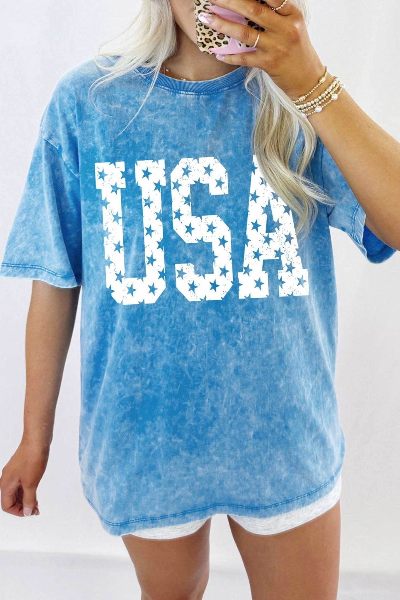 Blue USA Star Print Mineral Washed Cotton Tee - Loving It Shop