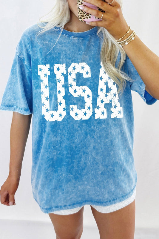 Blue USA Star Print Mineral Washed Cotton Tee - Loving It Shop