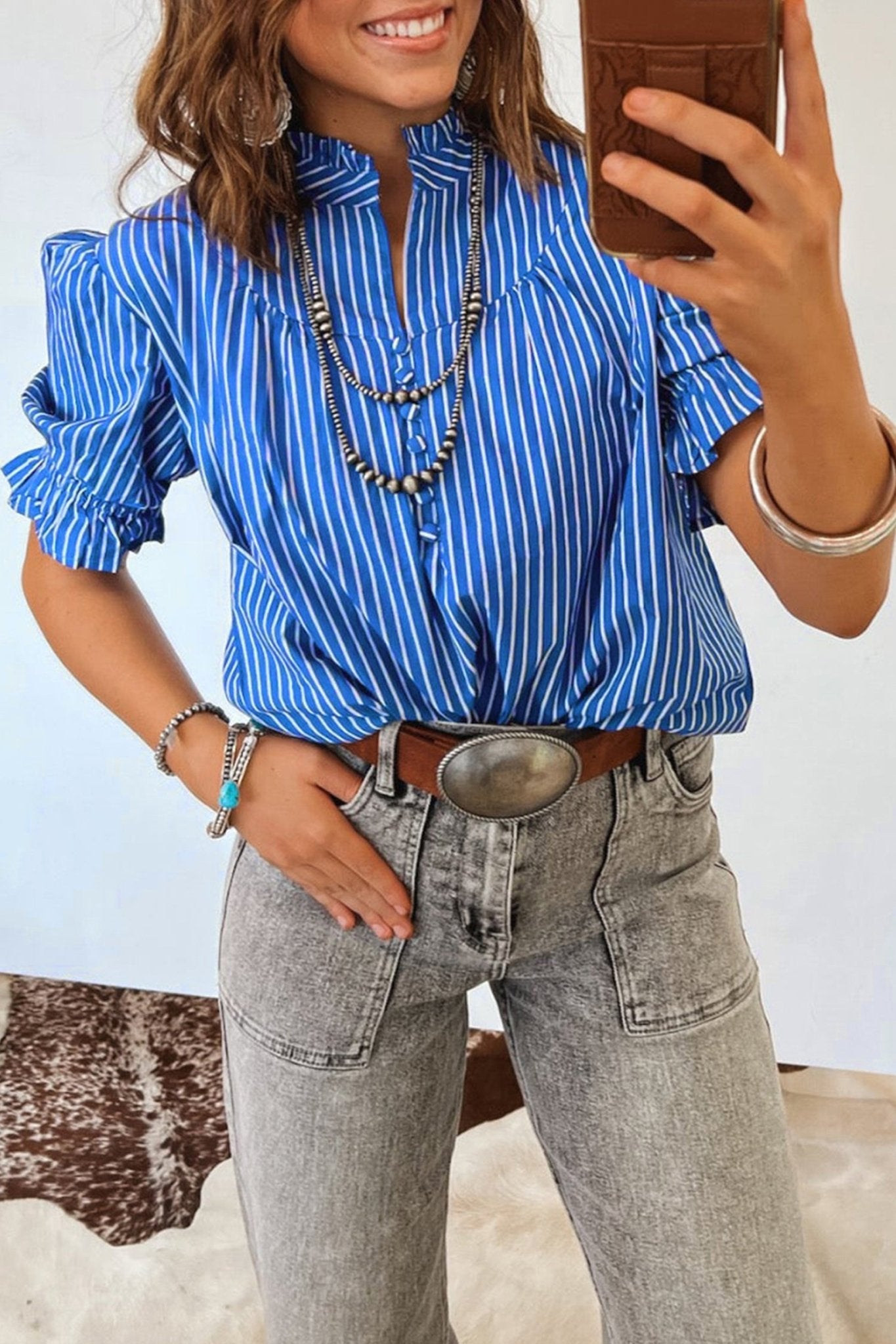 Blue Stripe Ruffled Short Puff Sleeve Button Front Blouse - Loving It Shop