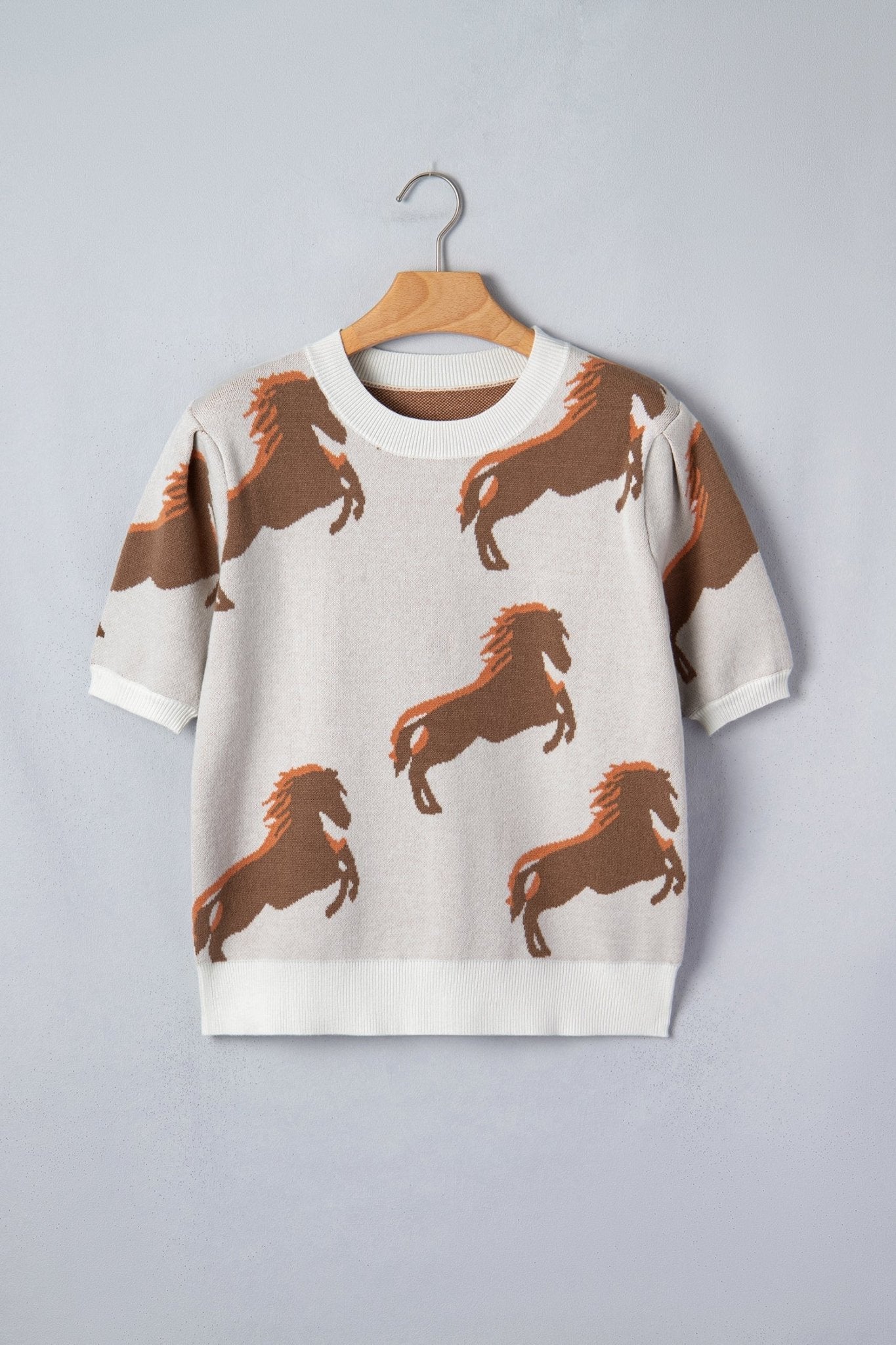 White Western Horse Printed Short Puff Sleeve Sweater - Loving It Shop