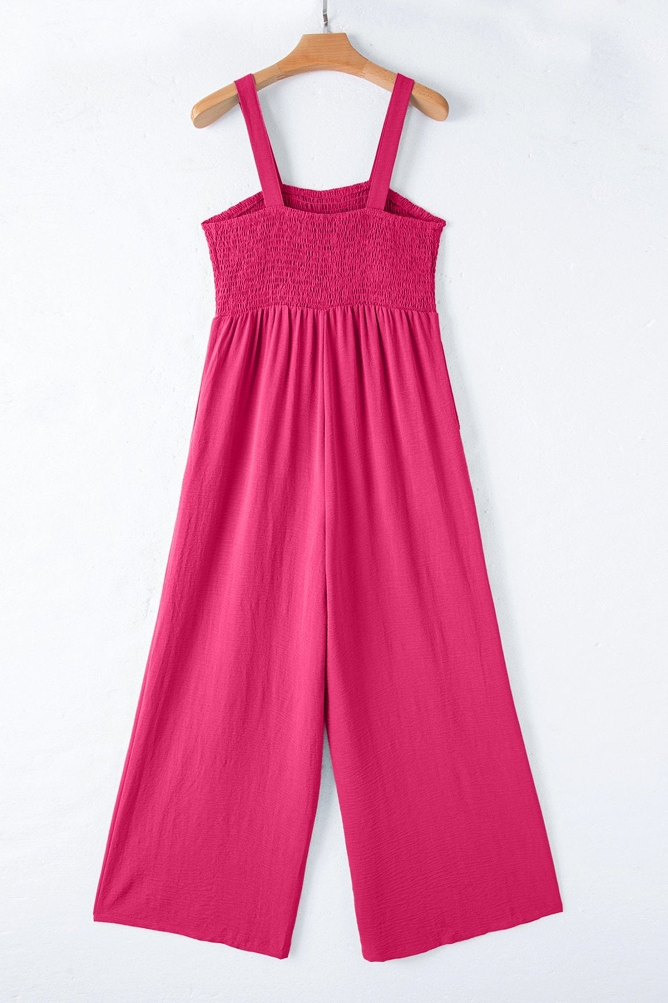 Rose Red Smocked Square Neck Sleeveless Jumpsuit with Pockets - Loving It Shop