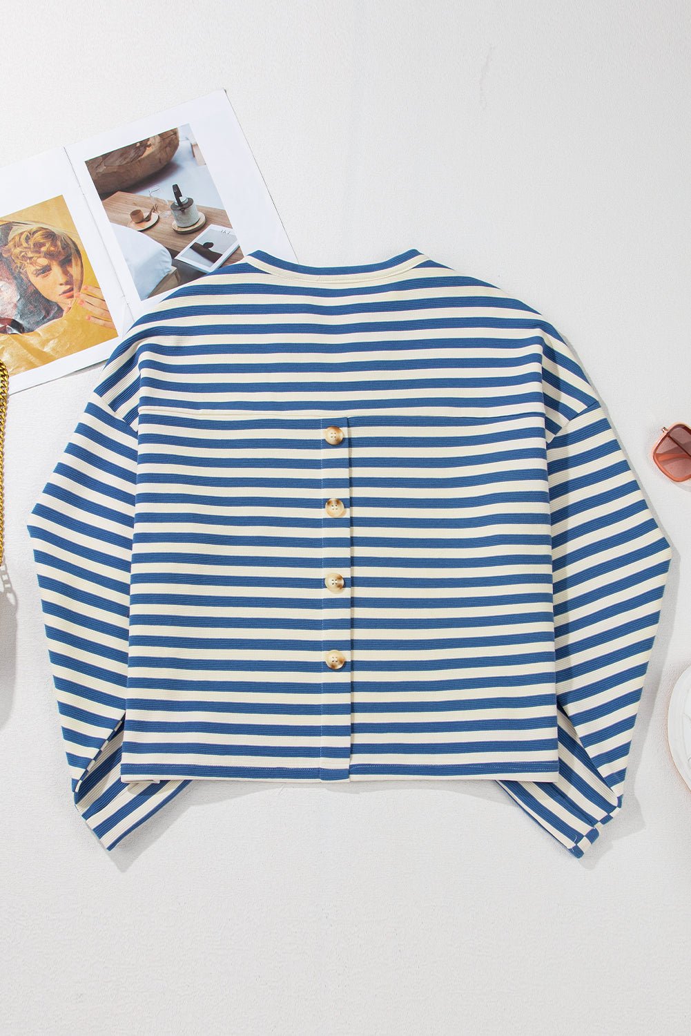 Sky Blue Stripe Chest Pocket Buttoned Back Notched V Neck Top - Loving It Shop