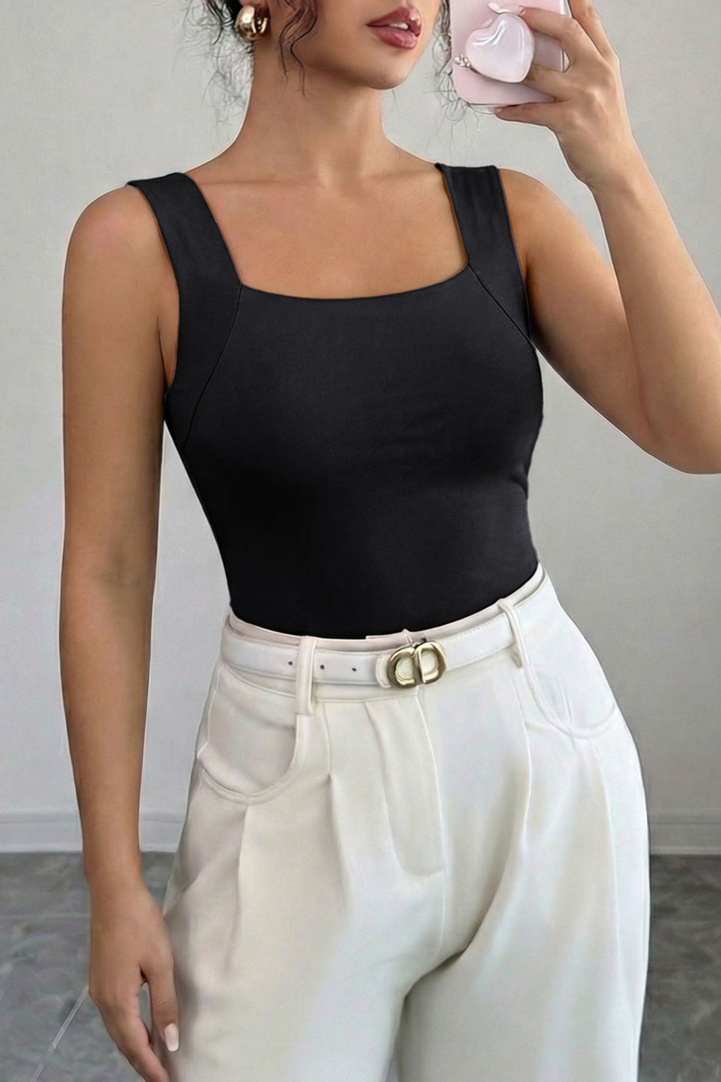 Black Solid Color Wide Strap Splicing Athleisure Tank Top - Loving It Shop