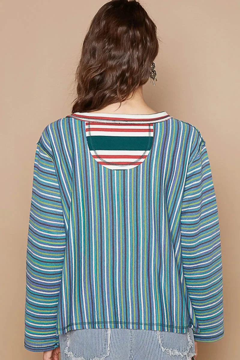 Color Block Striped Round Neck Long Sleeve T-Shirt