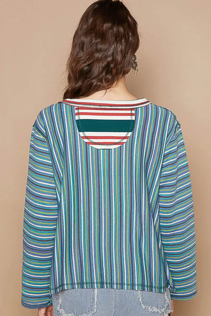 Color Block Striped Round Neck Long Sleeve T-Shirt