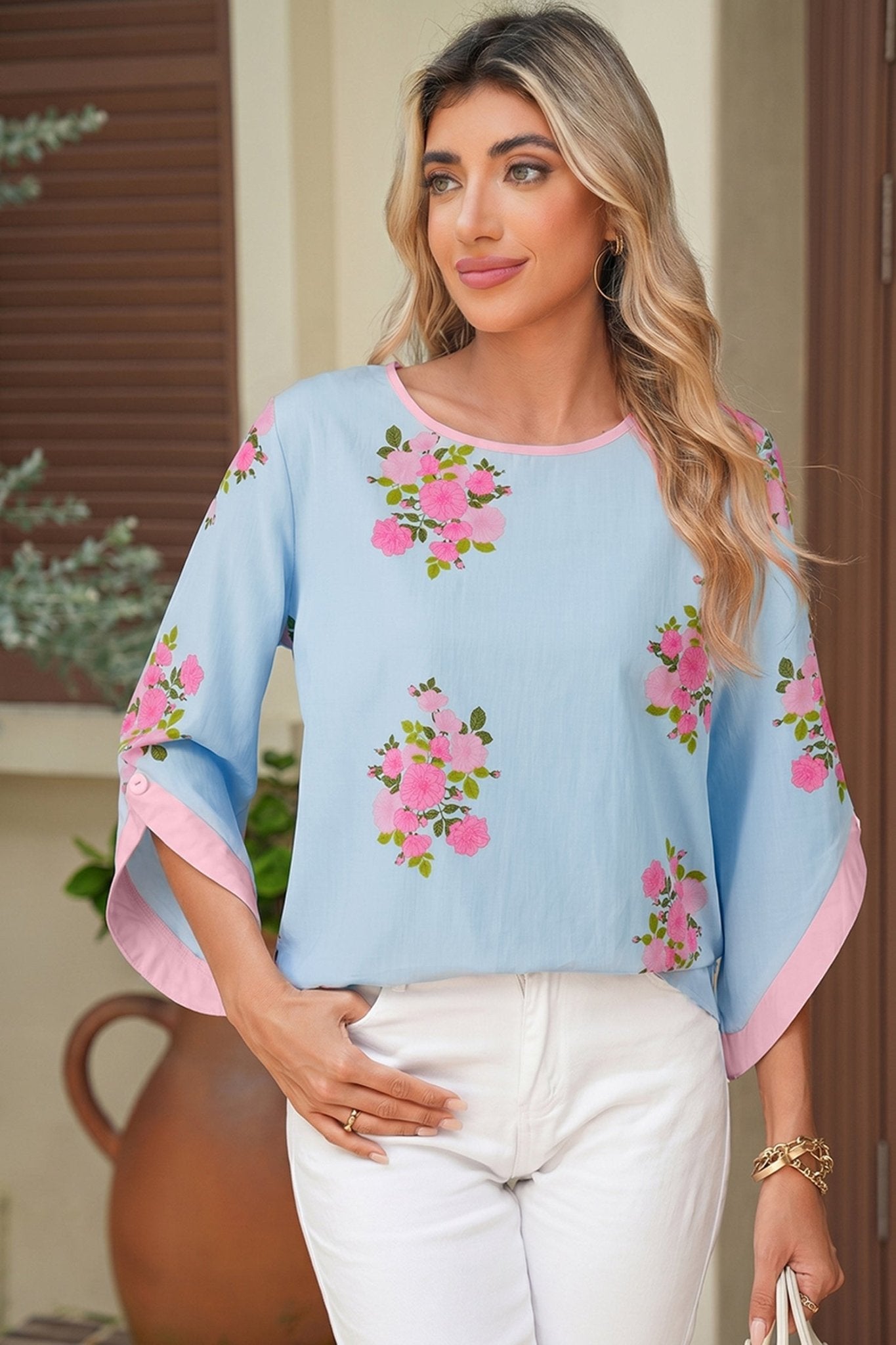 Sky Blue Floral Print Button Cuffed 3/4 Sleeve Round Neck Blouse - Loving It Shop