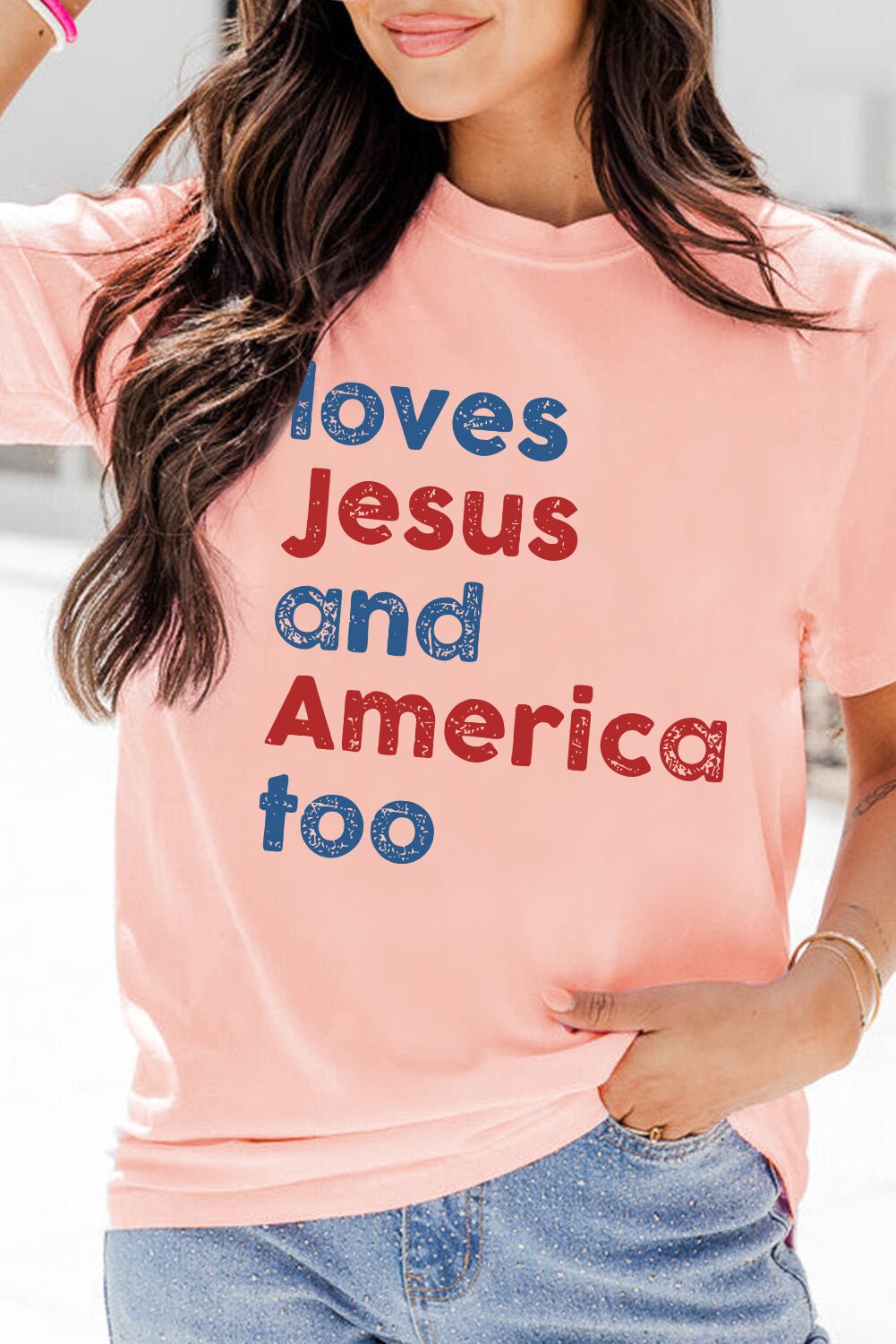 Pink loves Jesus and America too Vintage Letter Graphic Tee - Loving It Shop