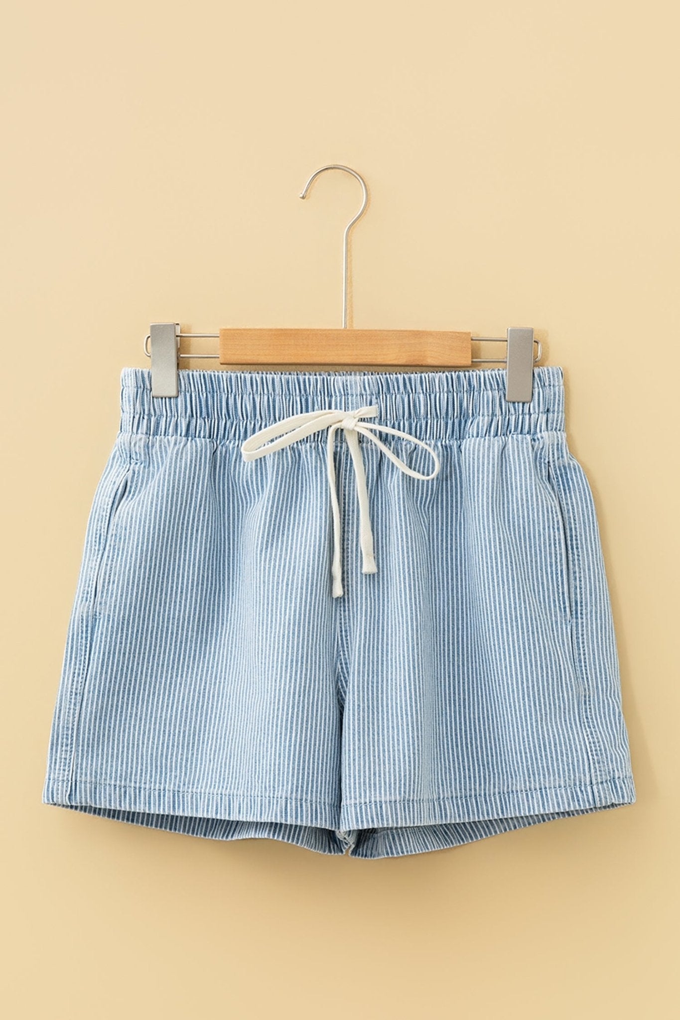 Sky Blue Stripe Drawstring Elastic Waist Casual Denim Shorts - Loving It Shop