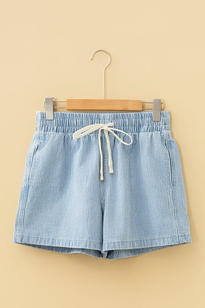 Sky Blue Stripe Drawstring Elastic Waist Casual Denim Shorts - Loving It Shop