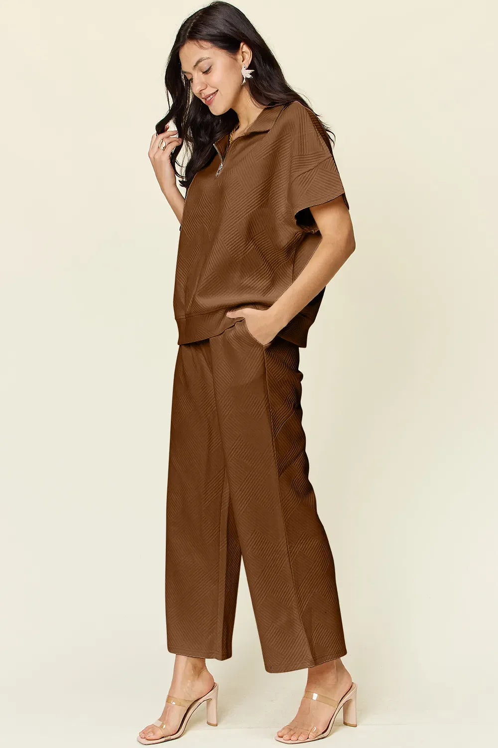 I am a Fashion Junky Full Size Texture Half Zip Short Sleeve Top and Pants Set