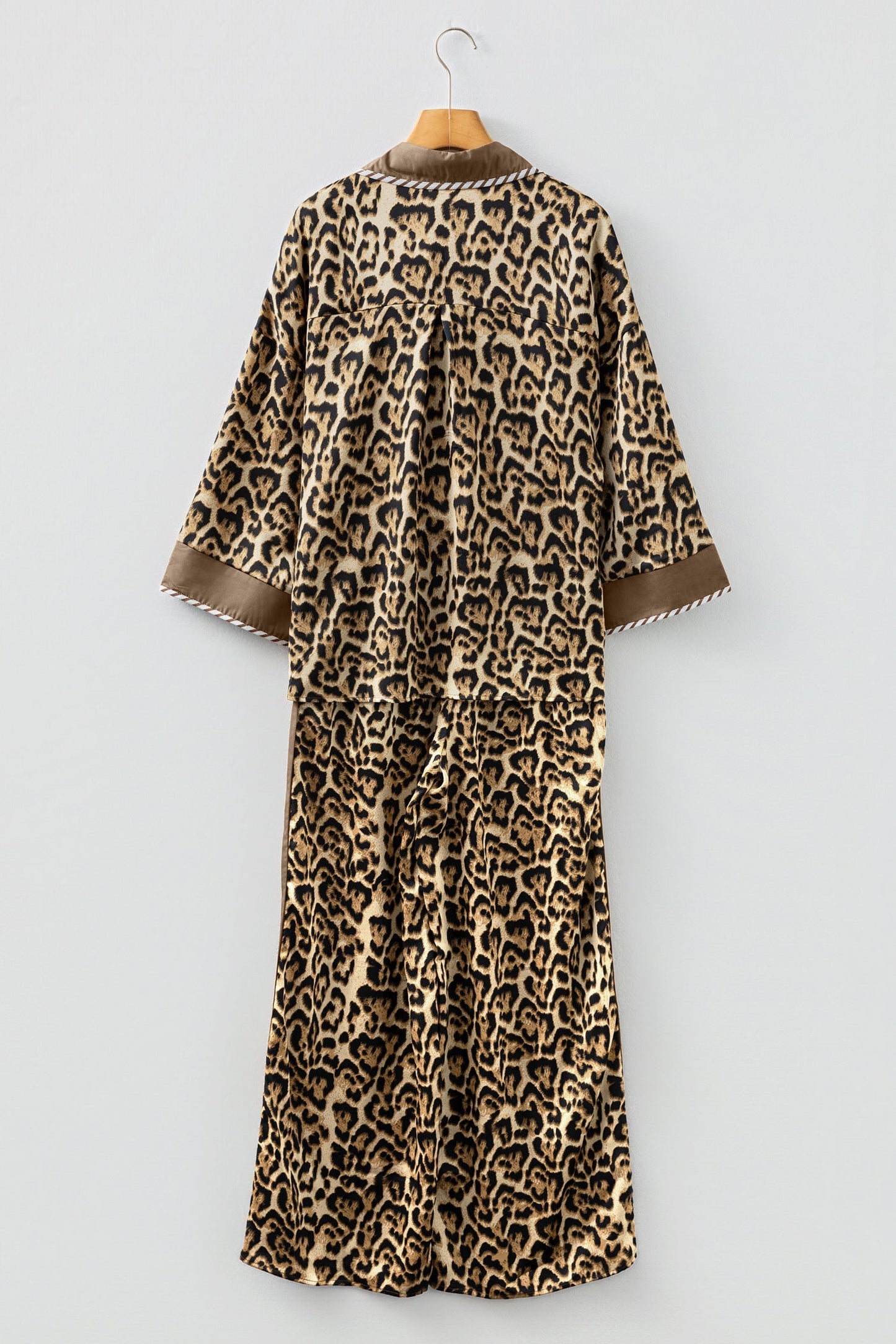 Brown Leopard Collared 3/4 Sleeve Shirt and Loose Pants Two Piece Outfit Set