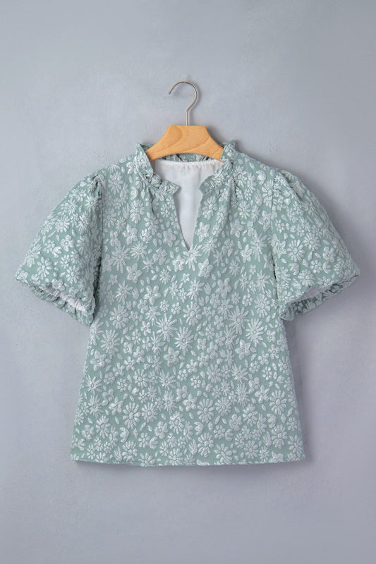 Iceland Blue Floral Textured Jacquard Puff Sleeve Blouse - Loving It Shop