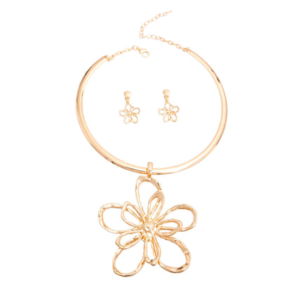 Statement Gold Metal Flower Necklace Rigid Design