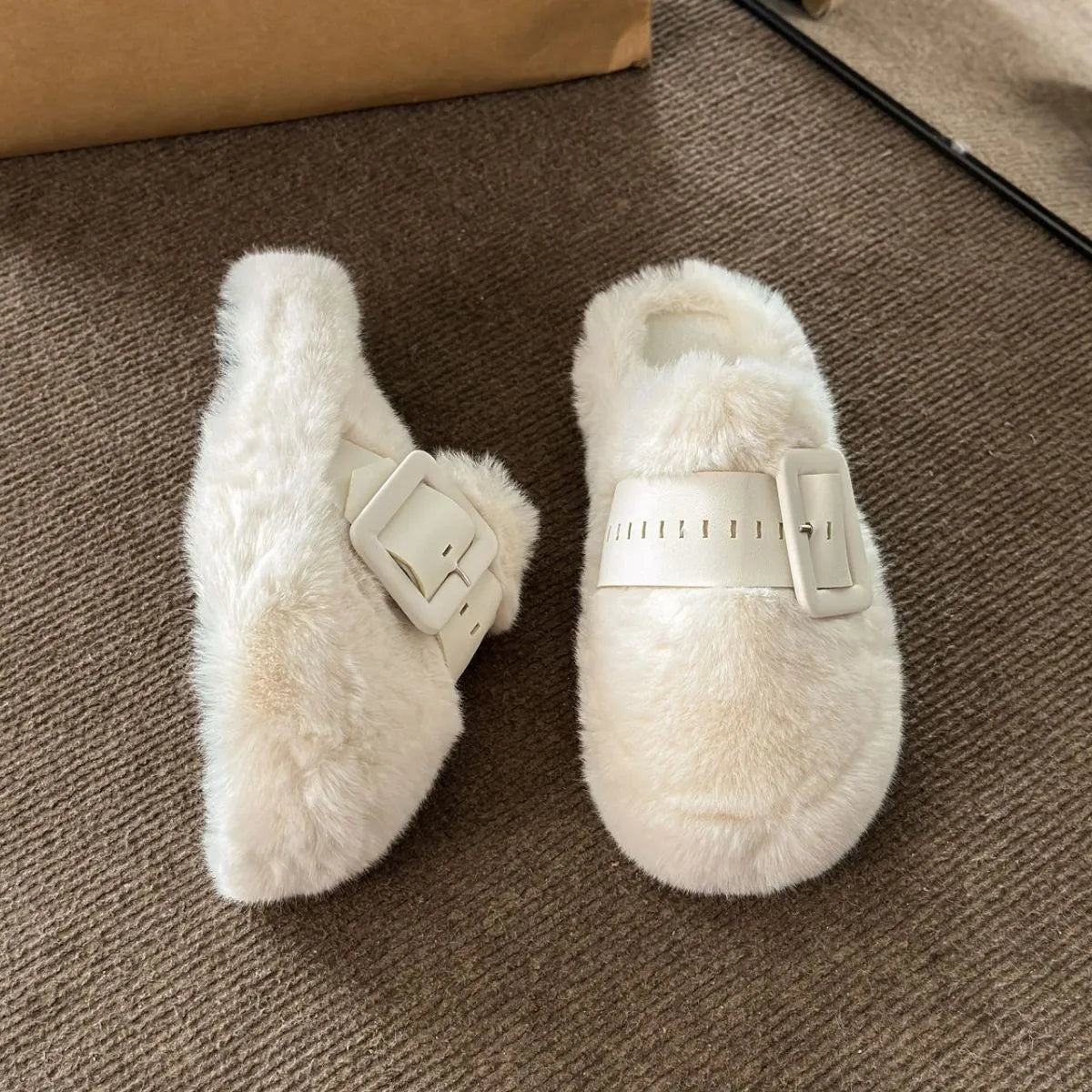 Faux Fur Buckle Slippers - Loving It Shop