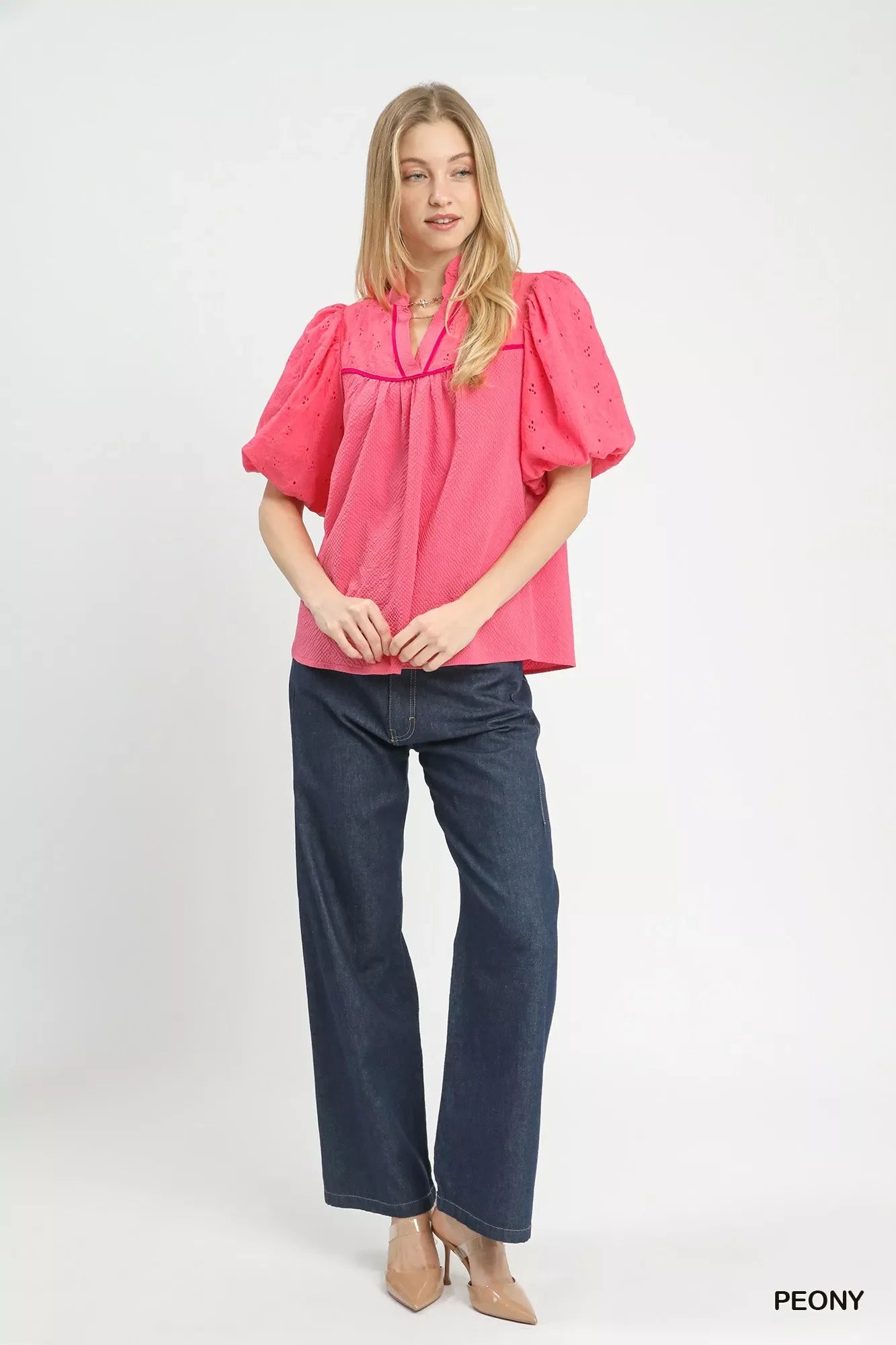 Puff Sleeve Eyelet Mix Top with Contrast Piping