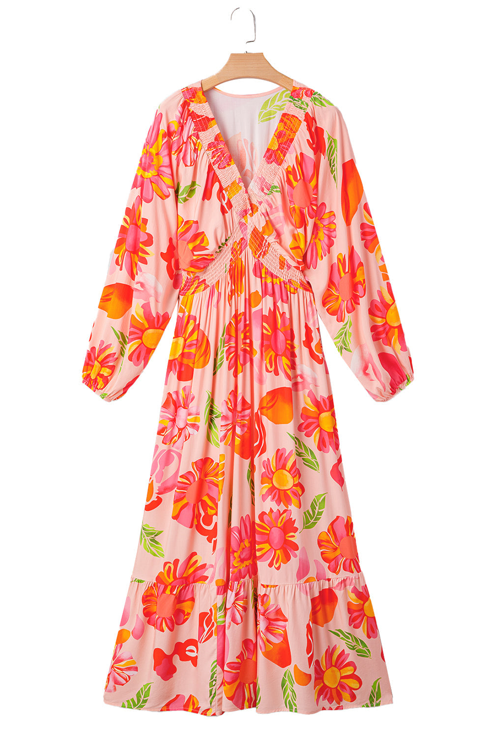 Beige Floral Print Smocked Detail V Neck Puff Sleeve Flowy Maxi Dress