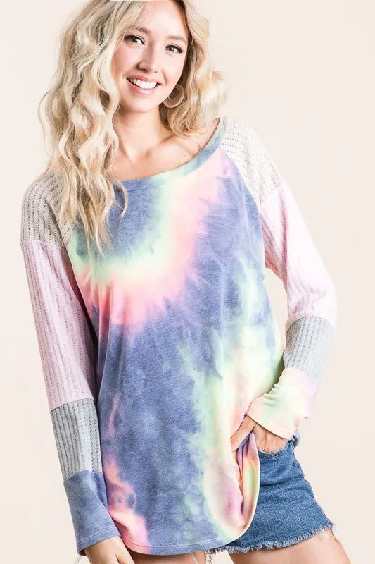 Tie Dye Terry Top With Color Block Pointelle Knit
