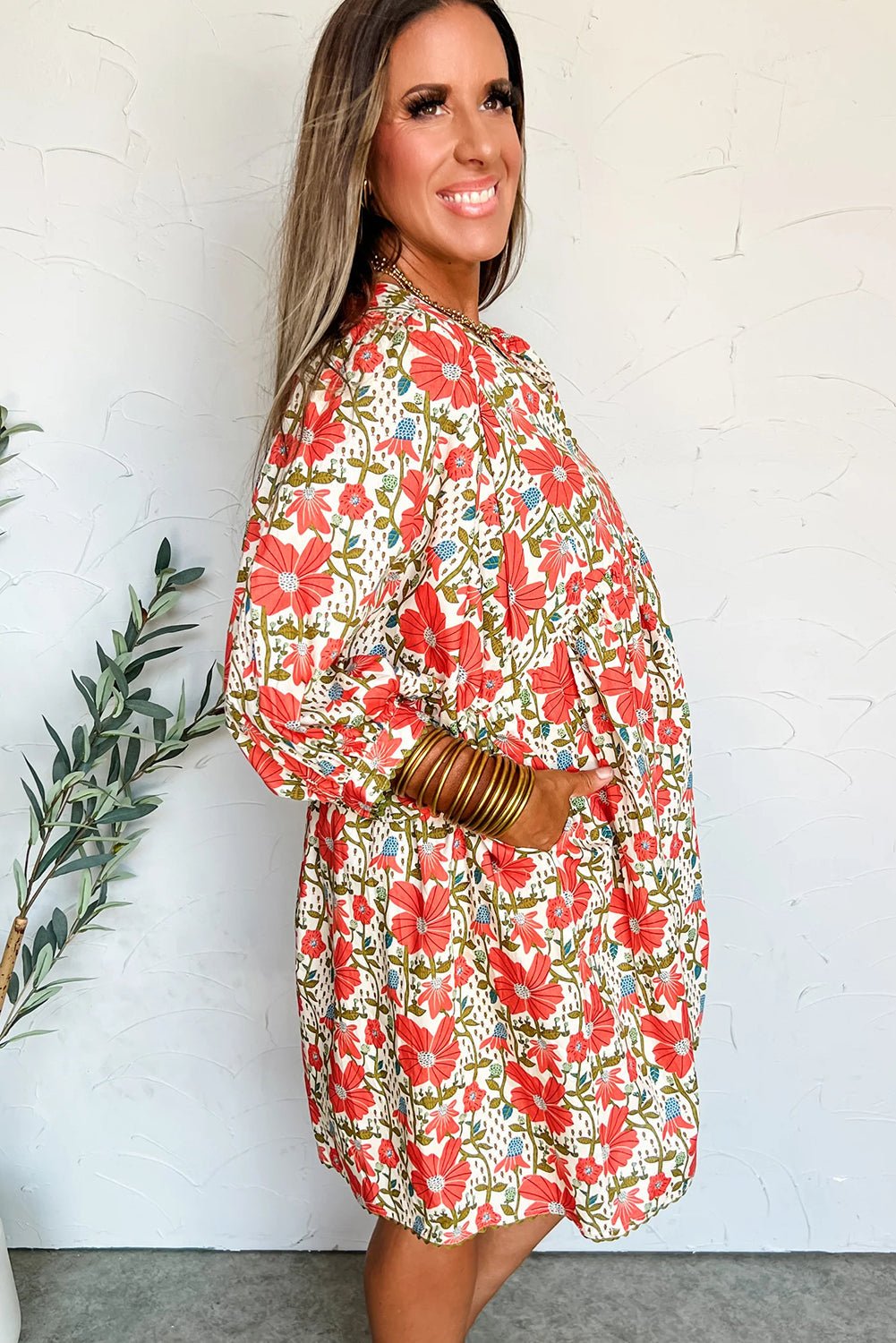 Red Floral Print Ricrac Trim V Neck 3/4 Sleeve Loose Mini Dress - Loving It Shop