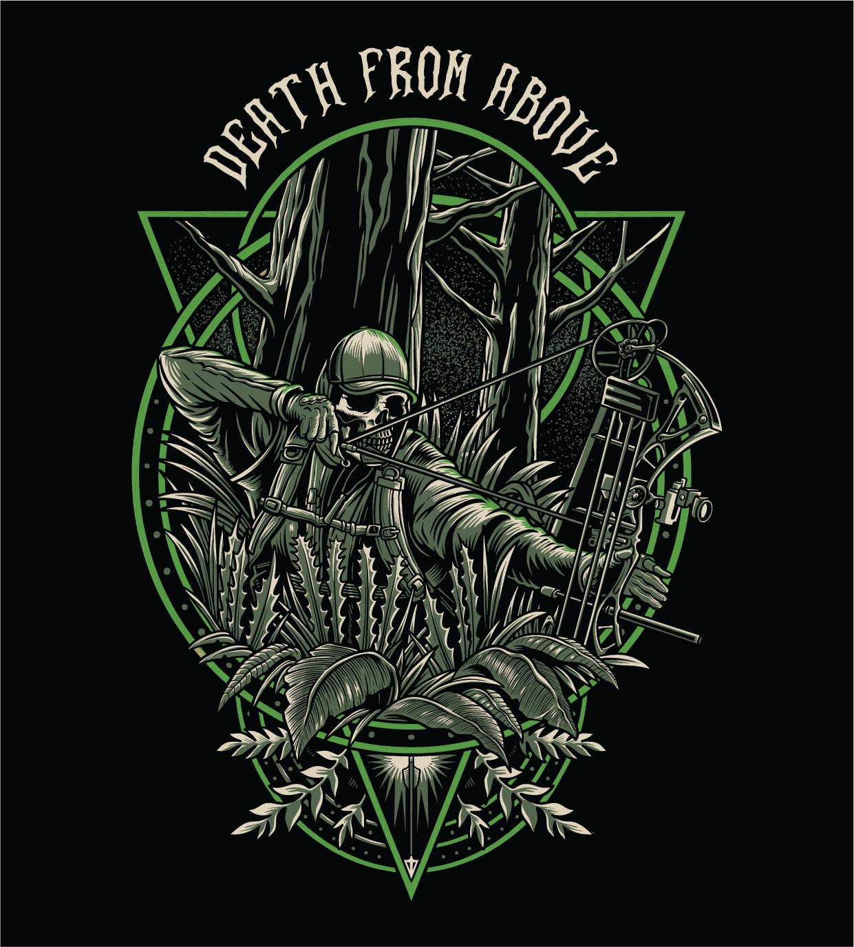Death From Above Tee graphic design featuring a skeleton archer in a forest setting.