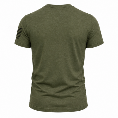 Back view of Dad Life T-Shirt in olive green, showcasing sleeve print and comfortable fit.