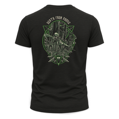 Death From Above Tee – premium outdoor graphic t-shirt featuring a skull design on the back.